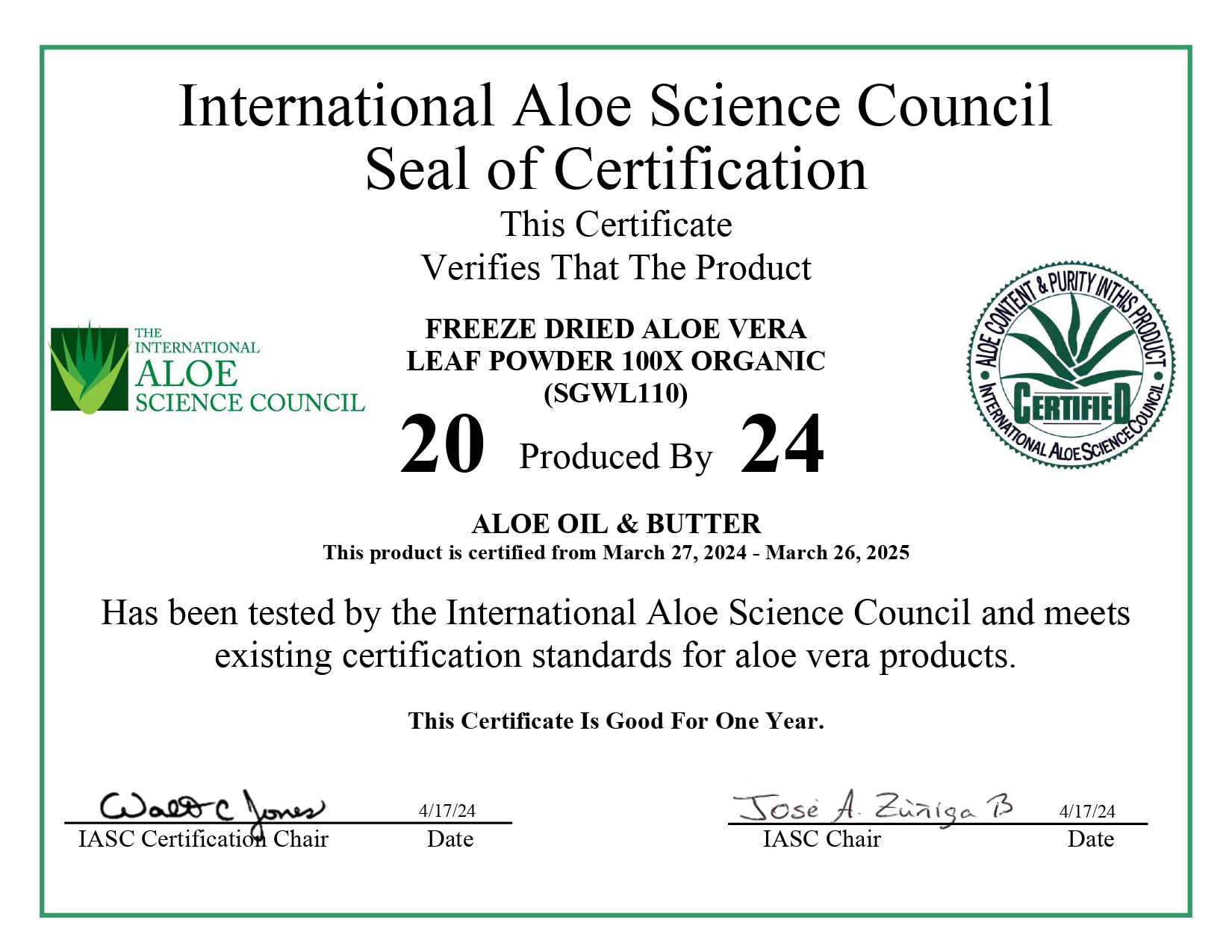 International Aloe Science Council Certification for Freeze Dried Aloe Vera Leaf Powder 100X
