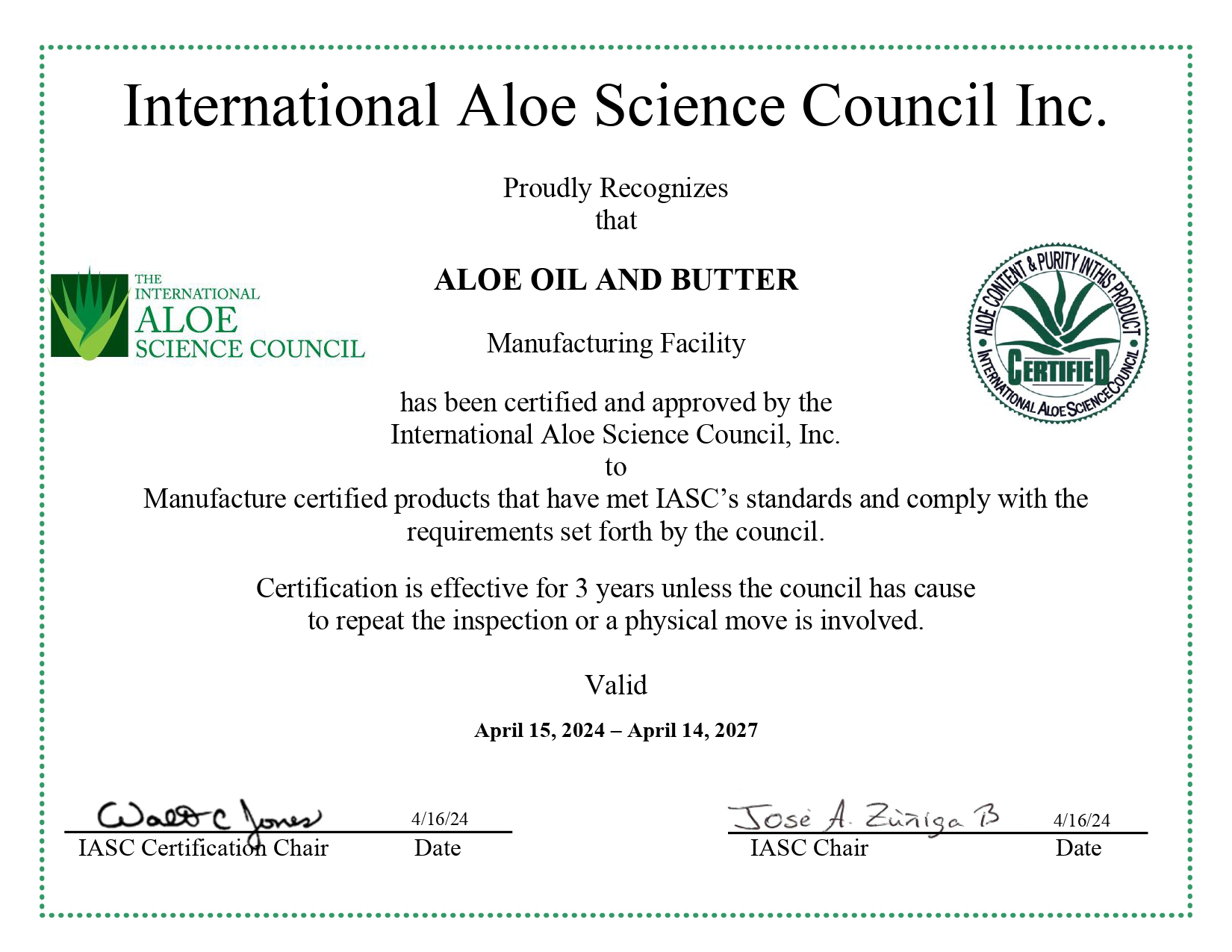 International Aloe Science Council Verification Manufacturing