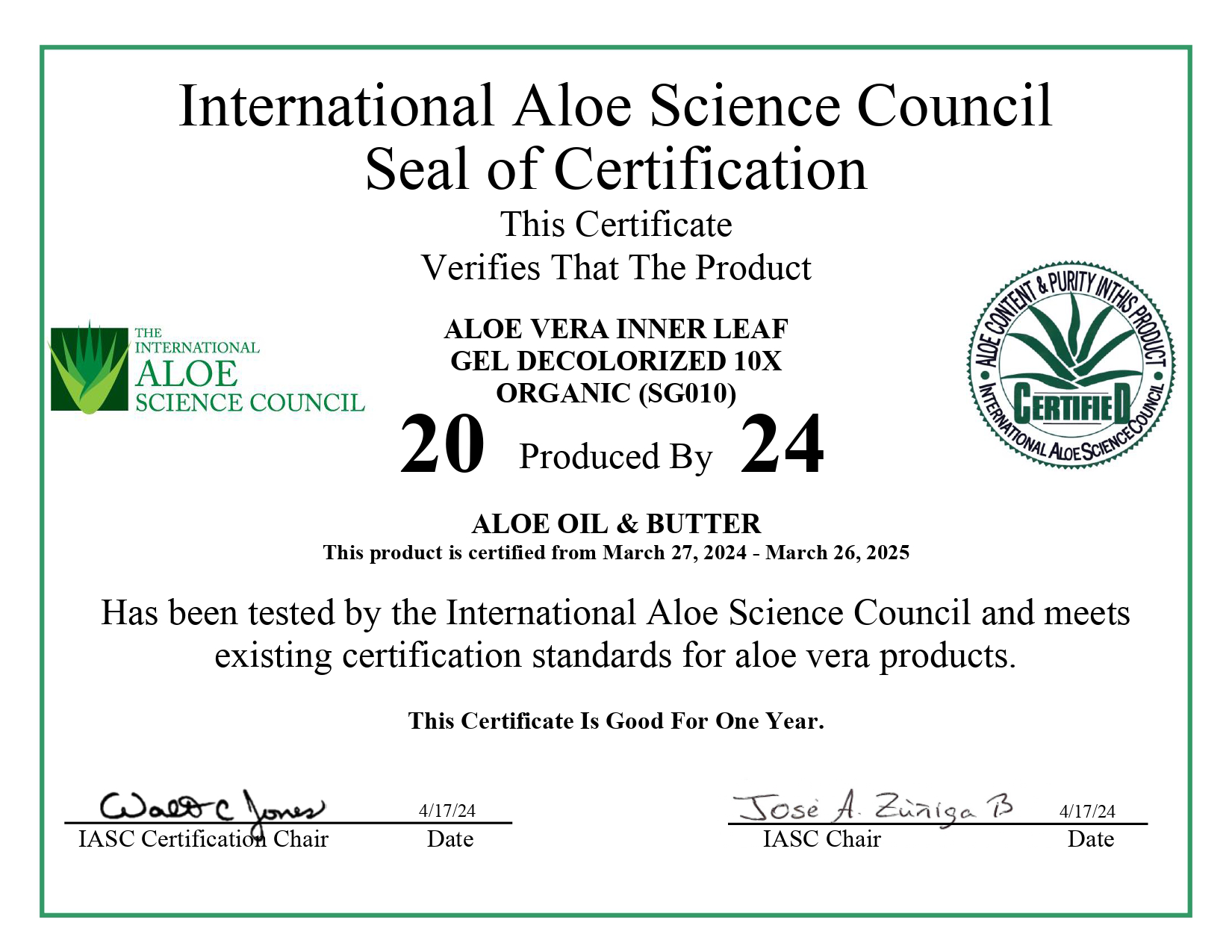 International Aloe Science Counsil Certification for Aloe Vera Inner Leaf Gel Decolorized 10X