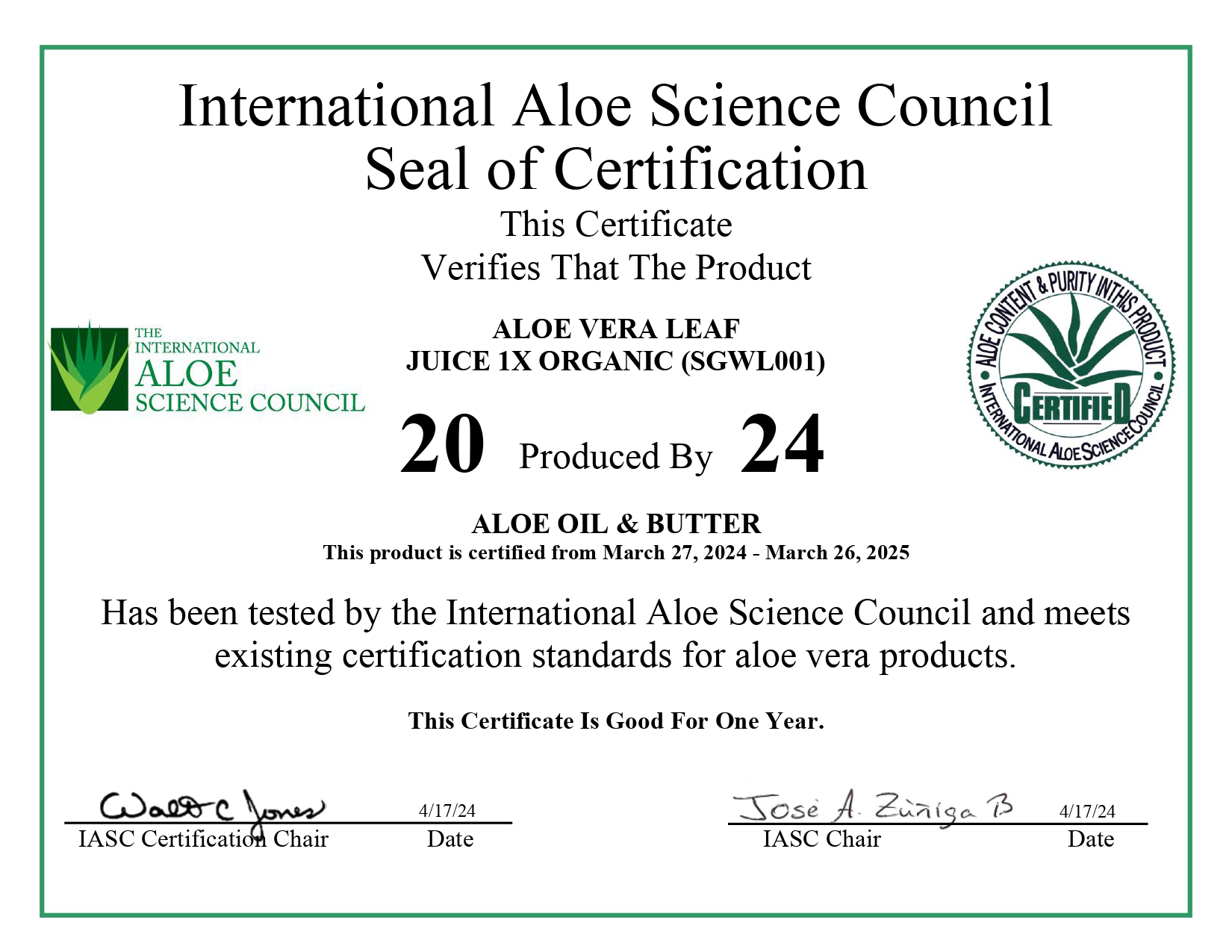 International Aloe Science Council Certification for Aloe Vera Leaf Juice 1X